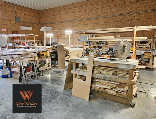 a woodworking shop with wood pieces