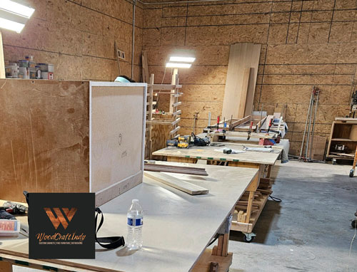 a woodworking workshop with tables and tools
